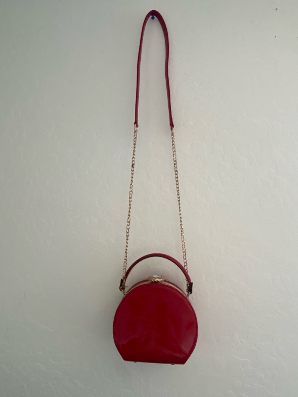Red Round Crossbody Bag with Gold Chain